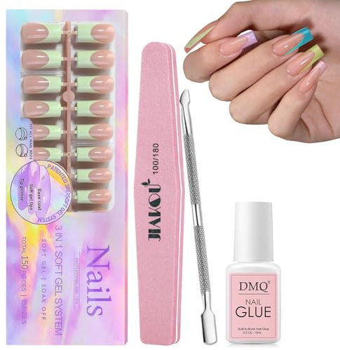 DMQ French Press On Nails Long, 150Pcs Pastel French Tip False Nails Kit with Glue, Square French Fake Nail Tips, Full Cover Stick on Nails for Women French Nail Art Manicure Decorations