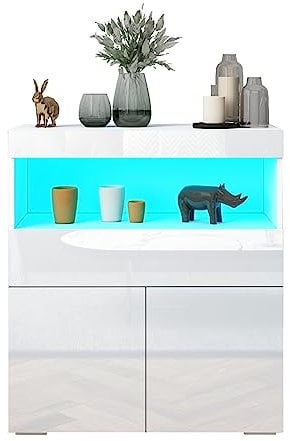 Ikewaier Sideboard für Wohnzimmer, Hochglanz Weiß TV-Schrank mit 1 Schublade und 2 Türen, mit LED-Licht, Wohnzimmerschrank