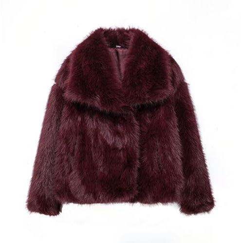 Women Faux Fur Jacket Fashion Y2K Long Sleeve Lapel Collar Open Front Cardigan Fluffy Parka Shaggy Warm Coat Steetwear (Burgundy, L)
