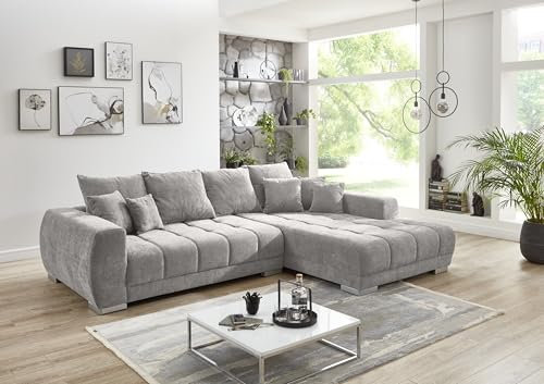 möbelando Wohnlandschaft >Amelie< 9 Kissen, Waffelsteppung, Fein-Webstoff hellgrau - 300x86x215cm BxHxT