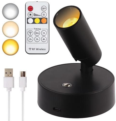 VIGMOJ Wireless LED Spotlight, Rechargeable Floor Uplighting Indoor, Battery Operated Picture Light with Remote Timer and Dimmable Accent Spot Lights Stick on Wall Light for Plants Pictures Artwork