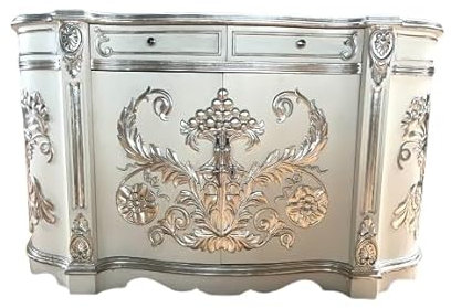 CasAmin Home & Living Riesiger Holzschrank im antiken Barock-Rokoko-Stil in Smaragdweiß zur Innenraumdekoration oder als Vitrine im gewerblichen Ladengeschäft.