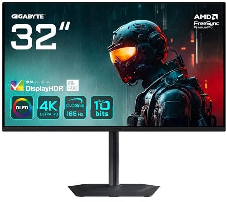 Gigabyte MO32U 31,5 Monitor Gaming OLED 4K UHD - 3840 x 2160, 165Hz, 0.03ms, 250 cd/m², Display HDR True Black 400, HDMI 2.1, DisplayPort 1.4