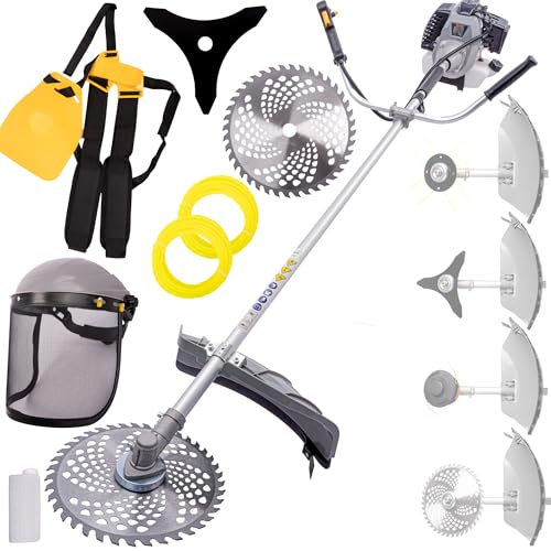 BESTEN Benzin Motorsense Freischneider Rasenschneider Rasentrimmer 51,7CC, Set mit Gebogenen Hosenträgern, Maske, Adern und Metallscheiben zum Schneiden