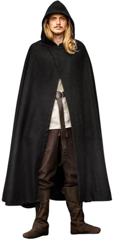 Leonardo Carbone® Unisex Umhang Thorian | Kapuze | Offene Front | Karneval, Halloween, Cosplay, LARP, Mittelalter, Kostüm, Gewand, Cape, Mantel, Wolle Schwarz Einheitsgröße