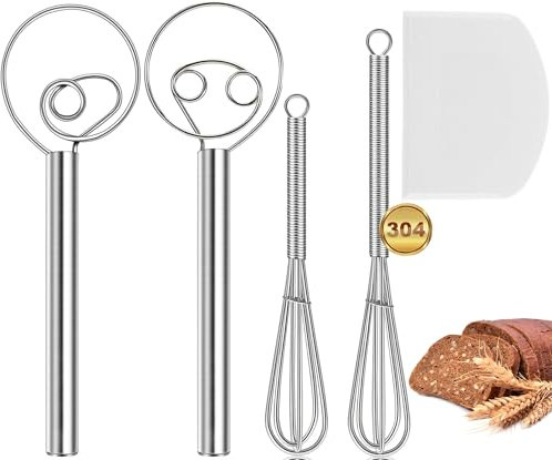 5 Stück Dänischer Schneebesen, 304 Edelstahl Dänischer Teigbesen Mini Schneebesen Klein Set mit Teigkarte, 2 Teigrührer +2 Rührbesen +1 Teigkarte, Doppellöchern zum schnellen Mischen, Nicht Rosten