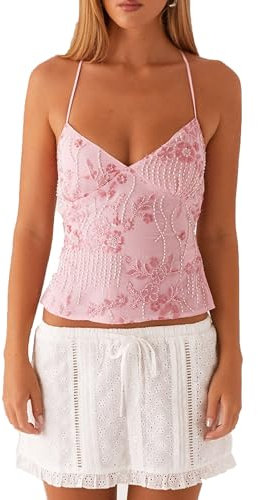 Damen-Tanktop mit Pailletten, Perlen, glitzernd, Neckholder, bauchfreies Tank-Top, Strassverzierung, Kreuzbindung, rückenfrei, Sommerweste, Camisole, A-Pink, S