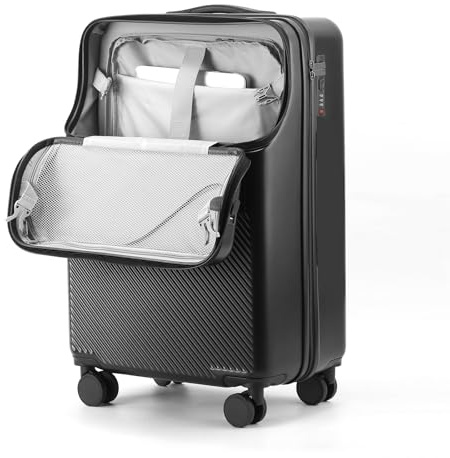 Yopption 20-Inch Suitcase Trolley Carry Luggage, Carry-On Luggage with Cup Holder & USB Charging Port Front Opening Suitcase,nsuring Your belongings Stay Safe and Secure During Travel,Black