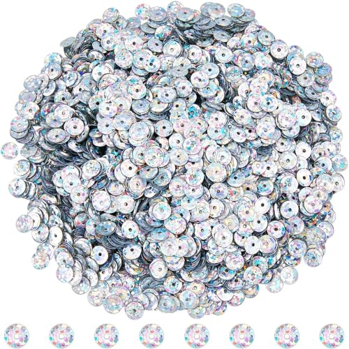 DICOSMETIC 32000 Stück Lose Pailletten Für Handarbeiten Stickerei Nähen | Kunststoff,glänzend,verformungsfest,silber,6,5mm,1,2mm Loch,32000Stk 100g,Weihnachten Deko,Ostern Deko,Hochzeit Deko