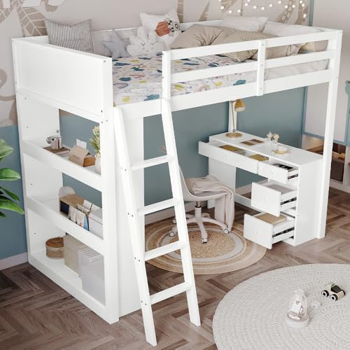 UIXENI 3FT Wooden High Sleeper Beds for Kids, Single Bed Frame with Desk, Ladder and Shelves, Space-Saving Loft Bed White