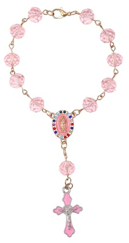 Auto Rosenkranz zum Aufhängen am Rückspiegel, Religiöses Kreuz Ornament mit Katholischem Anhänger Ideales Dekor für Taufe Erstkommunion und Hochzeit für Männer und Frauen (Rosa)