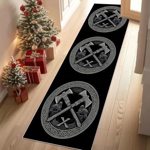 Meugesoi Wikinger Mythos Tomahawk Teppich Läufer 60x120 cm Keltischer Knoten Carpet rutschfest Waschbar Bettumrandung Schlafzimmer, Teppichläufer für Küche, Flur, Eingangsbereich