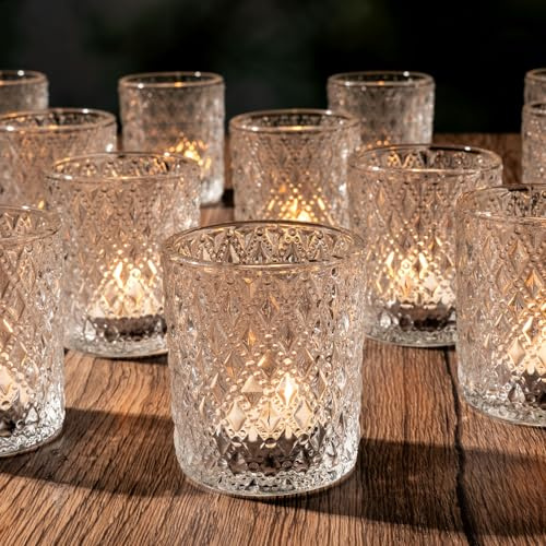 Romcanmy Teelichthalter 12 Stück, Transparenter Windlicht Glas mit Geprägtem Rautenmuster für Tischdeko, Romantische Kleine Kerzengläser für Hochzeit, Geburtstag, Weihnachten, Heimdekoration, 5cm×6cm