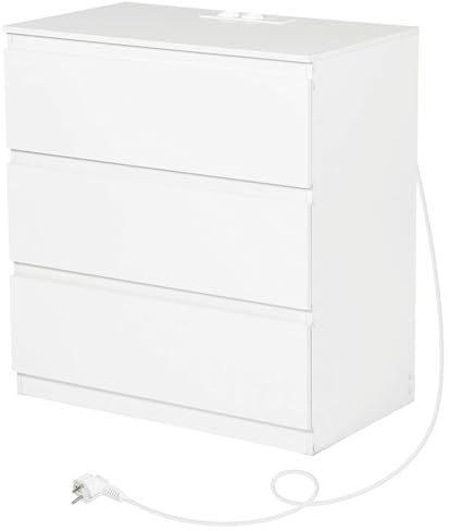 Komodenschrank für Schlafzimmer 70 cm Breit Kommode Weiß mit Steckdose&3 Schubladen/Nachtkasten Schubladenkommode Kommode&Sideboard Komoda Weiss für Büro Wohnzimmer Schlafzimmer Flur Möbel/70x40x75CM