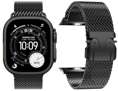 Cinturino Milanese in Titanio Compatibile con Apple Watch Ultra 3/2/1 49mm 46mm 45mm 44mm 42mm (Serie 3 2 1) Uomini Donne, Cinturini in Metallo per iWatch 11 10 9 SE 8 7 6 5 4, Fibbia Stile Paracadute