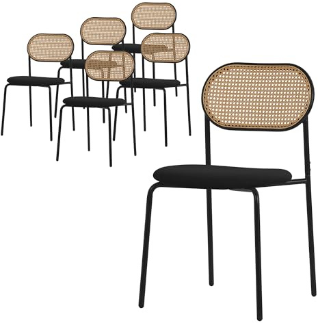 ML-Design Esszimmerstühle 6er Set, Schwarz, Küchenstuhl mit Rattan Rückenlehne, Gepolsterte Stühle mit gebogener Netzrücke, Rattanstuhl mit Stahlbeinen, Polsterstühle Akzentstühle für Esszimmer Küche