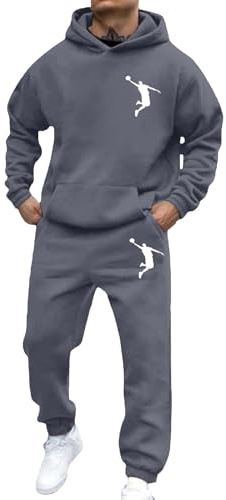 Herren Jogginganzug 2 Teiliges Jogging Anzug Set SportanzugKapuzenpullover Jogginghose Langarm Sport Hausanzug Herren-Sweatshirt--Set lässigem Basketball-Print als bequemes Jogger-Outfit sowie