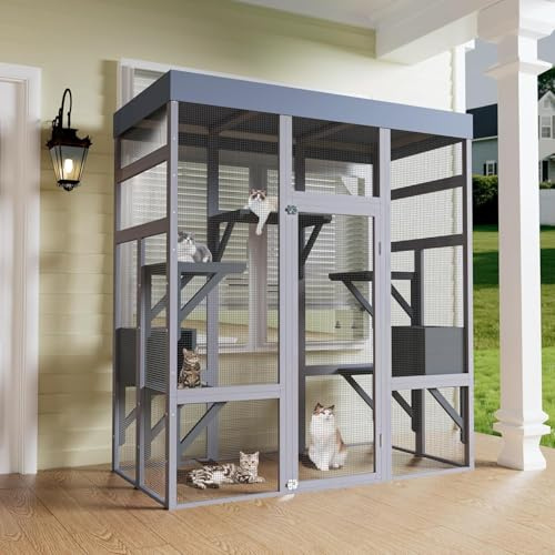 Katzengehege Outdoor Groß & Begehbar, Wetterfestes Catio aus Massivholz, Stabiles Freilaufgehege für Garten & Balkon, auch als Voliere oder Katzenkäfig Outdoor nutzbar 159 x 82 x 178 cm