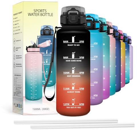 JAPORIA Botella 1.5L, Cantimplora Motivadora con Pajita, Reutilizable, Ultra Capacidad, Ligera, para Musculación, Hydratación, Gym