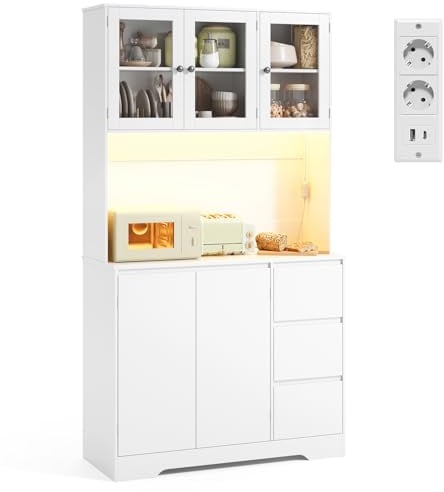 Xbro Credenza Cucina con LED e Presa Integrata, Coffee Station con Vano Microonde, Mobile Dispensa Salvaspazio con 5 Ante 3 Cassetti e Ante in Vetro, per Cucina Sala da Pranzo Soggiorno, 100x40x180 cm
