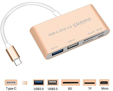 Lzcat Hub USB-C vers USB 3.0 + USB 2.0 + lecteur de carte TF/SD/Micro SD + port de charge micro USB – Câble adaptateur en aluminium pour MacBook Pro/ChromeBook/autres appareils de type C (or)