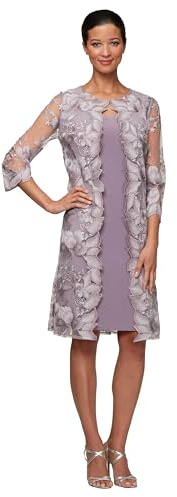 Alex Evenings Women's Midi Scoop Neck Shift Dress with Chiffon Trim Jacket, Smokey Orchid, 12