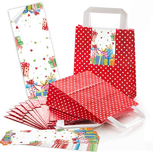 Logbuch-Verlag 25 rot weiß gepunktete Geschenktüten + bunte Geschenkaufkleber - Verpackung für Mitgebsel Geschenke Gastgeschenke Geburtstag Kindergeburtstag Weihnachten