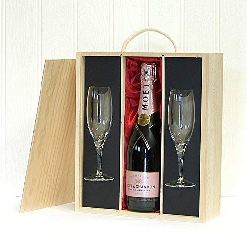 Moet & Chandon Rose Champagne 75cl and 2 Glass Flutes in a Wooden Presentation Case by Fine Food Hampers - Ideas for Birthday, Anniversary, Business and Corporate