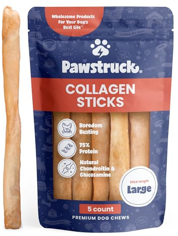 Pawstruck Natural Large 12 Beef Collagen Sticks for Dogs – Long-Lasting Rawhide Alternative, High Protein Treats with Chondroitin & Glucosamine – 5 Pack