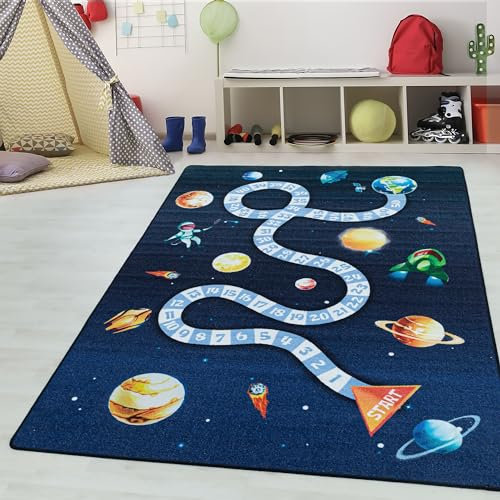 Kinderteppiche für Kinder Lernenmatte Zahlen mit Weltraum Design Spielteppich Waschbar Jungen & Mädchen Teppich für Kinderzimmer Babyzimmer Spielzimmer Teppich Farbe: Marineblau, Grösse: 100 x 150 cm