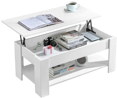 Coffee Table With Storage, Lift Up Coffee Tables For Living Room, Wooden Coffee Table With 1 Shelf Large Hidden Storage Rectangular Lift-Top Tea Table for Home Furniture White 100L x 50W x (42-57)H cm