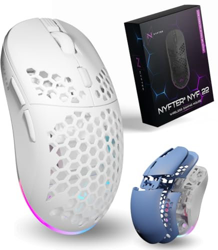 Nyfter - NYF22 Wireless Gaming Mouse mit White-Blue Honeycomb Maus Ultraleicht 75g leistungsstark mit 400mA 19K DPI, 400 IPS 1000 hz 50h Akkulaufzeit langlebig Zwei wechselbare Cases inkl.