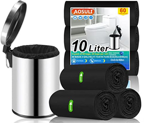 AOSULI Bolsas de basura pequeñas de 10 litros, 60 unidades, bolsas de basura/basura, bolsas de basura negras con pedal para oficina en casa, césped, baño, 1.5, 1.2 galones de 3 galones)