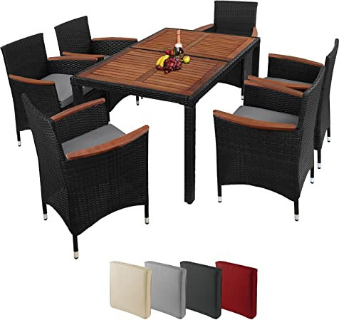 Montafox Sitzgruppe 6 Personen Poly Rattan Sitzgarnitur Akazienholz Tisch 130 x 90cm Sitzkissen 6cm Terrasse Garten Essgruppe Schwarz Gartenmöbel Set, Farbe:Titan-Schwarz/Kieselstrand