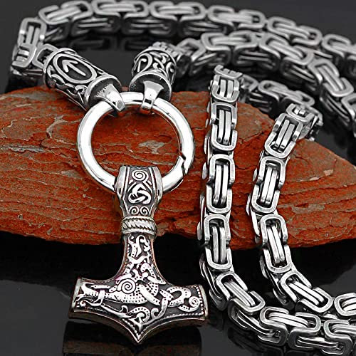 Men Thor's Hammer Viking Necklace, Silver Stainless Steel Nordic Mythology Mjolnir Amulet Pendant Jewelry, Multiple Style Animal Head Square King Chain,Rune Ball 2,60 cm