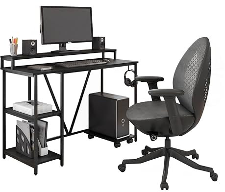 Techni Mobili Computer Desk - Industrial Writing Desk with Storage Shelves, Monitor Stand, & Accessory Holder - Home Office Laptop Computer Table with CPU Caddy & 2-Tier Small Bookshelf Space,Black