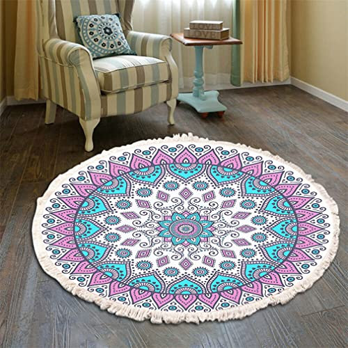 Bohemian Teppich Rund - Mandala Muster Mit Quasten, Waschbarer Baumwolle Für Wohnzimmer Und Schlafzimmer (60cm, Blau-Rosa)