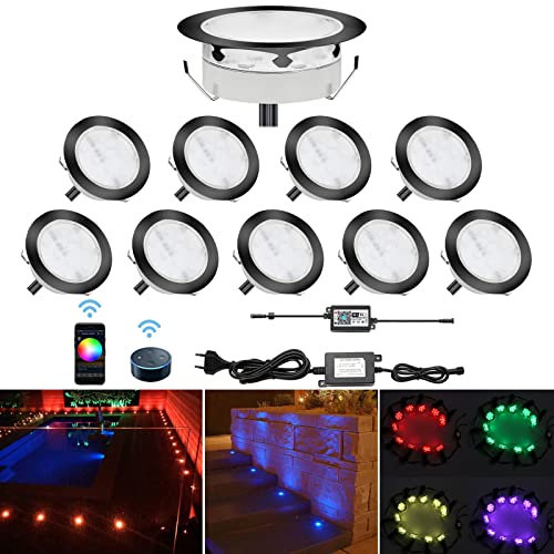 LED Bodeneinbaustrahler, 10 Stück WiFi Treppen Einbauleuchten Ø80mm RGB Einbauspots Steuerbar via App, IP67 Wasserdicht Außenleuchten Boden Lampe Kompatibel mit Amazon Alexa, Google Home, Schwarz