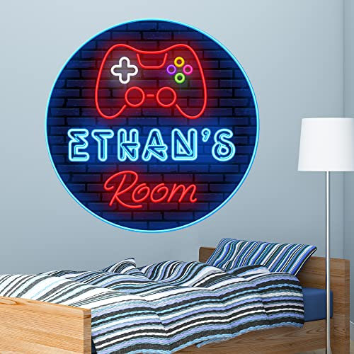 Gaming Wall Sticker - Personalised Name Neon Sign Brick Circle Wall Decal Art (60cm Height x 60cm Width)