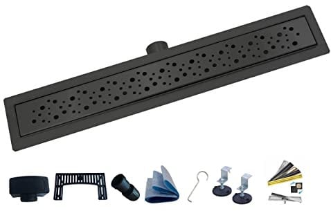 AQUA HEATING Blasen linearer Edelstahl-Bodenablauf superflach Einbauhöhe 54mm Komplettset für Badezimmer mit bodengleicher Dusche, Duschrinne Set, Duschablauf Siphon Rost 70cm schwarz