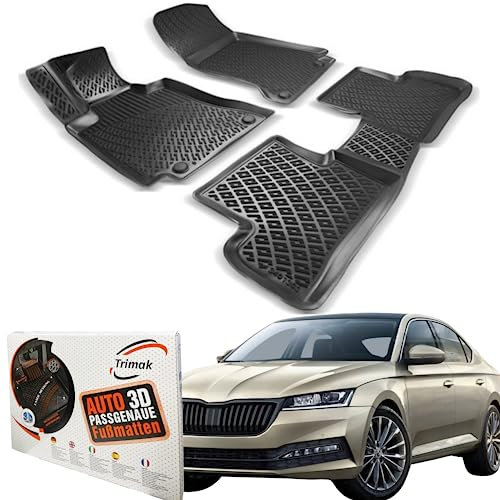 Trimak Passgenau 3D Fussmatten Auto Kompatibel mit Skoda Octavia 3 Gen 2013-2020 Auto Zubehör 1. und 2. Reihe Gummimatten Autos TPE Allwetter Geruchlos rutschfest Vorne und Hinten Schwartz