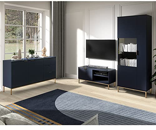 Wohnzimmer Set mit Sideboard, Couchtischen, Vitrine und TV Lowboard in Marineblau mit LED Beleuchtung, Industrial Design mit Metall-Fußgestell und Metallgriffen, Softclose