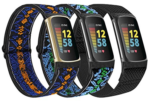 SOiiKE 3 Pièces Bracelet Compatibles avec Fitbit Charge 6/Charge 5, Bracelet de Remplacement Élastique Souple et Réglable Sport en Nylon pour Femmes Hommes