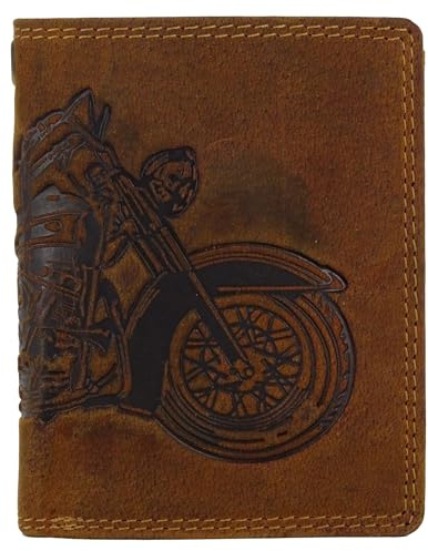 Fregery Geldbörse aus Leder für Herren Männer mit RFID-Schutz mit Münzfach und Prägung Echtleder Geldbeutel Portemonnaie (braun Hochformat, Motorrad, Harley Davidson) (Hochformat braun)