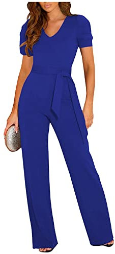 Damen Jumpsuit Elegant Blauer Jumpsuit Damen Arbeits Latzhose Damen Rundhals Einfarbiges Rüschenärmel Hosenanzug Mit Gürtel Straight Leg Jumpsuit Hochzeit Gast Jeanslatzhose Damen (Königsblau, L)