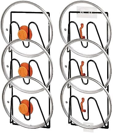 Whtawtaw 2 Pack Pot Lid Organizer Rack, 6-Tier V-Wall Pot Lid Holder, No Drilling Adhesive Cabinet Door/Wall Mounted Pot Cover Rack, Kitchen Shelf for Pots and Pans (Black)