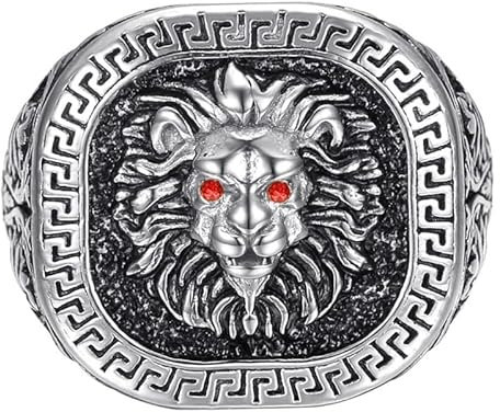 BOBIJOO Jewelry - Ring Löwenkopf griechischer Schlüssel Edelstahl Vollsilber Schwarz Rubin Rot