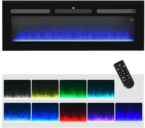 HOMCOM 127cm/50 Electric Fireplace, 2000W Recessed and Wall Mounted Electric Fire with Remote Control, 9 Flame Colour and Crystal, Black