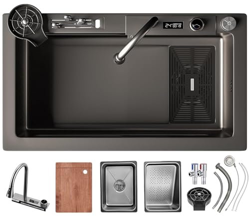 Fregadero de cocina con cascada, 75 x 45 cm, grifo de cascada led, tabla de cortar deslizante y lavaplatos de alta presión, compacto y multifuncional
