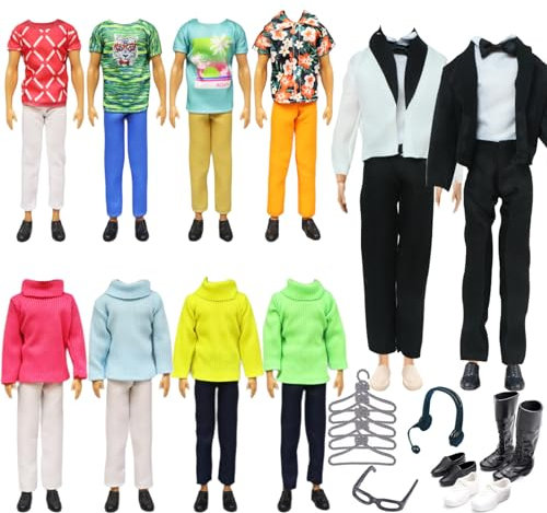 Puppenkleidung Kompatibel mit Ken Kleidung, 28 Stück Clothes for Kompatibel mit Ken 1 Anzug 1 Pullover Anzug 3 Kleidung 3 Hosen 6 Schuhe 5 Kleiderregal 1 Ohrhörer 1 Sonnenbrille für 12 Zoll Puppen